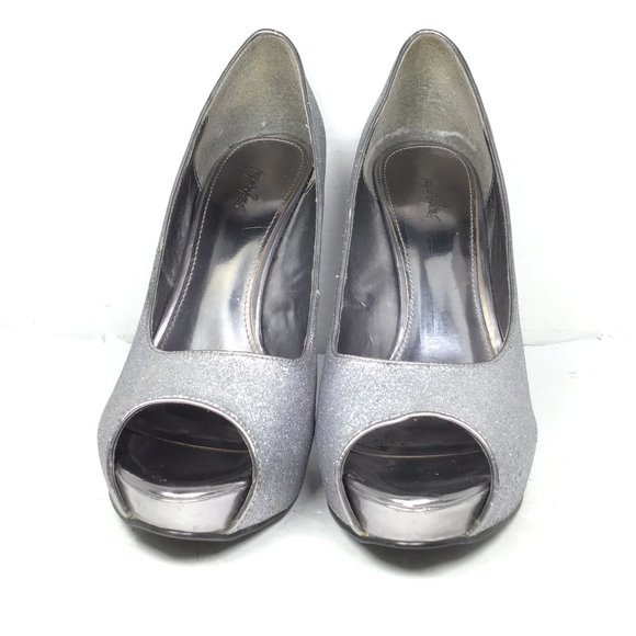Jacqueline Ferrar Women Silver Sparkle Glitter Peep Toe Heels Platform Size 10 - Picture 2 of 11